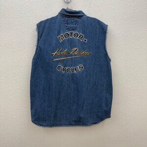 Harley Davidson Motorcycles Sleeveless Blue Denim Cotton Button Up Shirt Mens XL